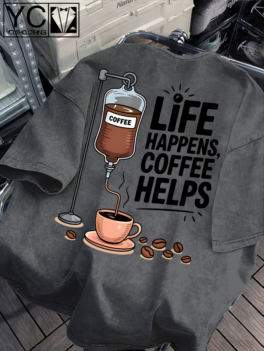 'LIFE HAPPENS COFFEE HELPS' Fun Text and Coffee Infusion Bag Creative Print  Distressed Washed Texture Men's Short-Sleeve T-Shirt, Machine Washable - Short-Sleeve Washed Texture, Loose Fit Crew Neck Casual Shirt - Light Grey