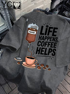 'LIFE HAPPENS COFFEE HELPS' Fun Text and Coffee Infusion Bag Creative Print  Distressed Washed Texture Men's Short-Sleeve T-Shirt, Machine Washable - Short-Sleeve Washed Texture, Loose Fit Crew Neck Casual Shirt - Light Grey