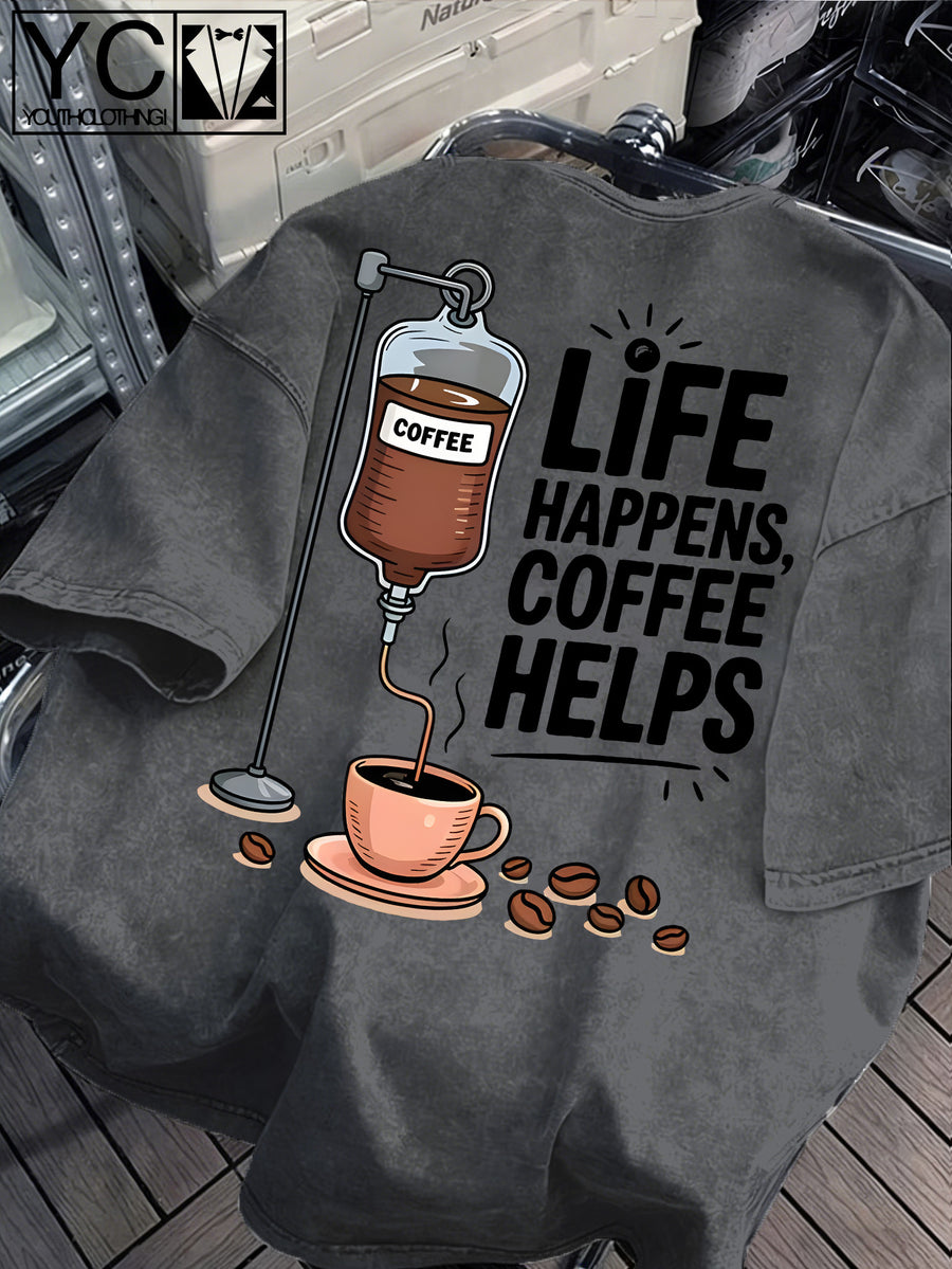 'LIFE HAPPENS COFFEE HELPS' Fun Text and Coffee Infusion Bag Creative Print  Distressed Washed Texture Men's Short-Sleeve T-Shirt, Machine Washable - Short-Sleeve Washed Texture, Loose Fit Crew Neck Casual Shirt - Light Grey