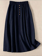 Women'S Casual Retro Midi Skirt, A-Line with Slit And Button Detail - Navy Color