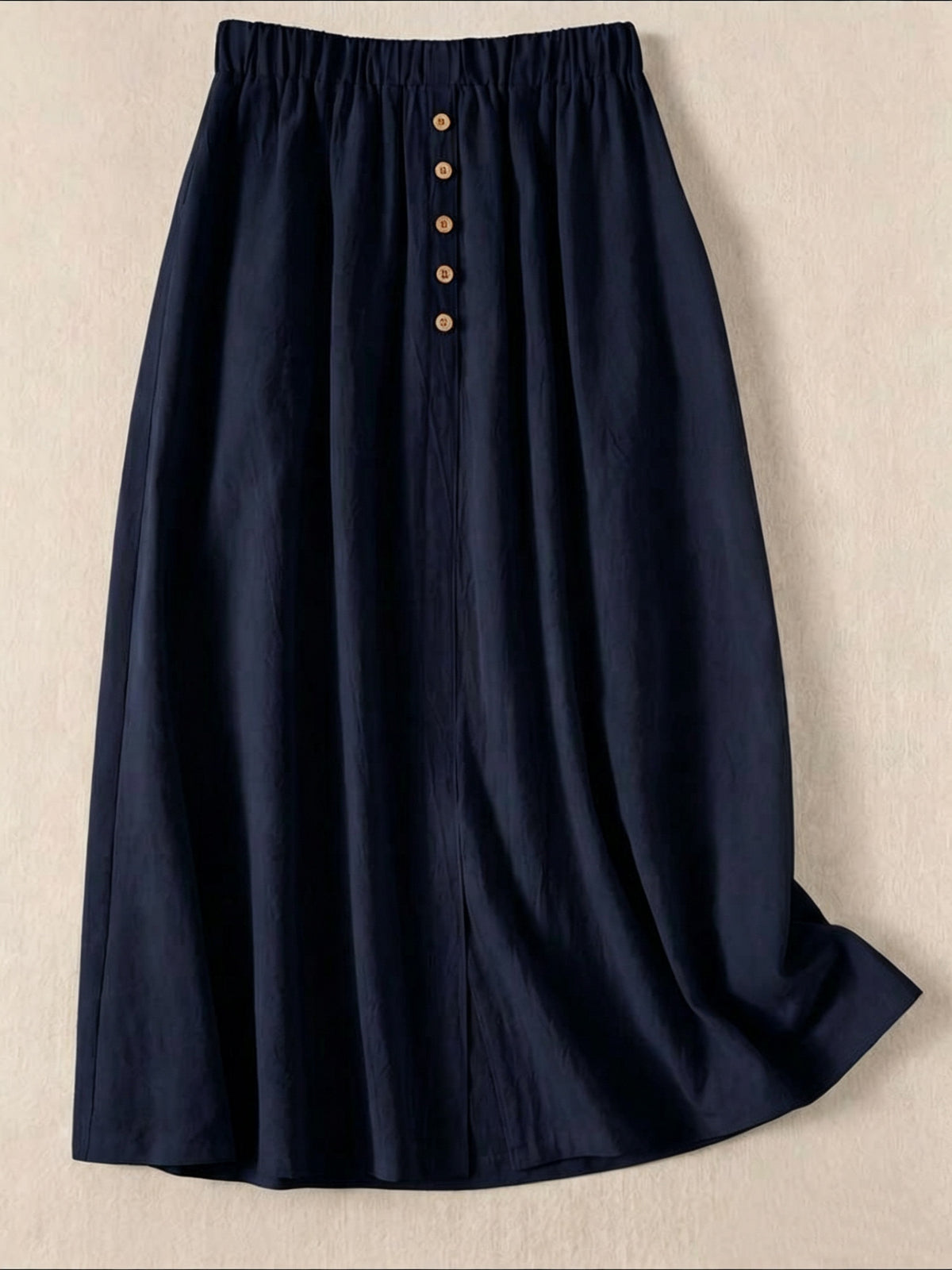 Women'S Casual Retro Midi Skirt, A-Line with Slit And Button Detail - Navy Color