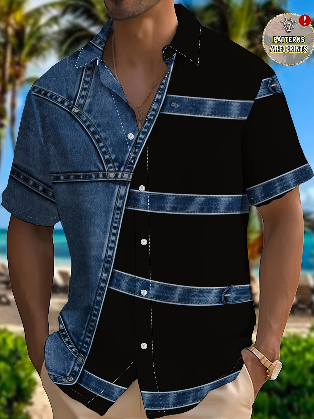 [Print Design – Not Textured/Embroidery/Sequins/Flat Print T-Shirt, No Additions/White Sheer] Imitation Faux Denim Patch Black Block Contrast Style Men'S Casual Shirt, Summer Bold Contrast Patchwork - Mixed colors