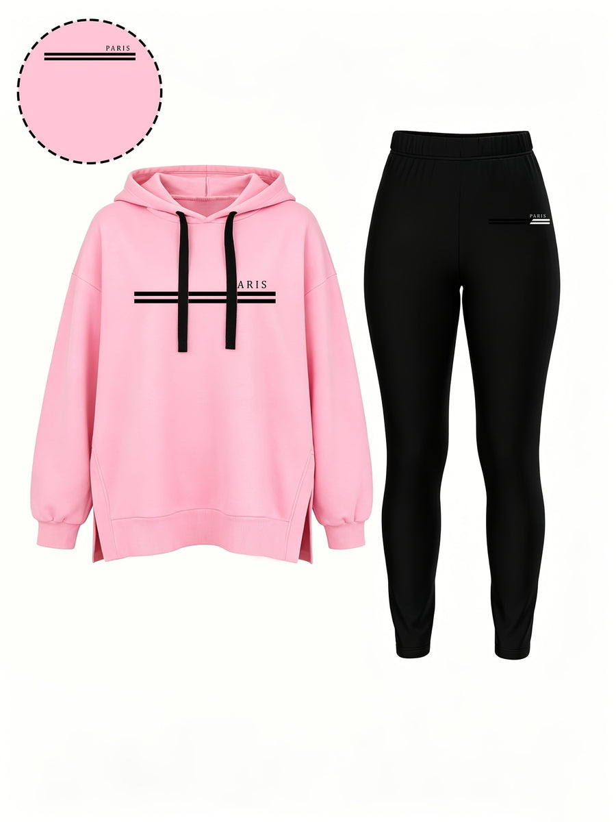 Autumn/Winter Set: Hooded Sweatshirt And Fitted Long Pants (Pattern Print Design) - Pink With Black