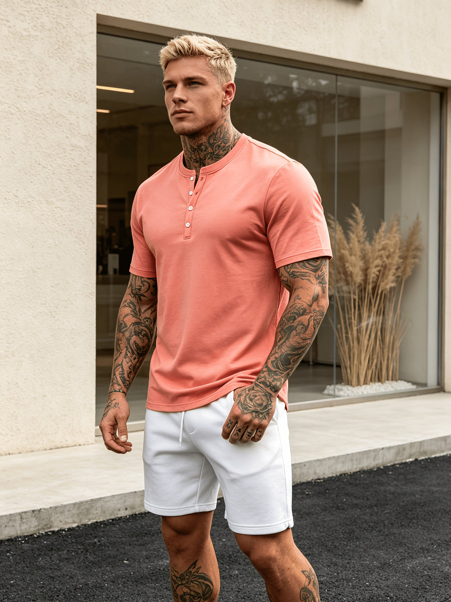 Summer New Fashion Athletic Button-Up Men'S Top Short Sleeve Autumn Casual Comfortable Trendy All-Match Style - Pink Color