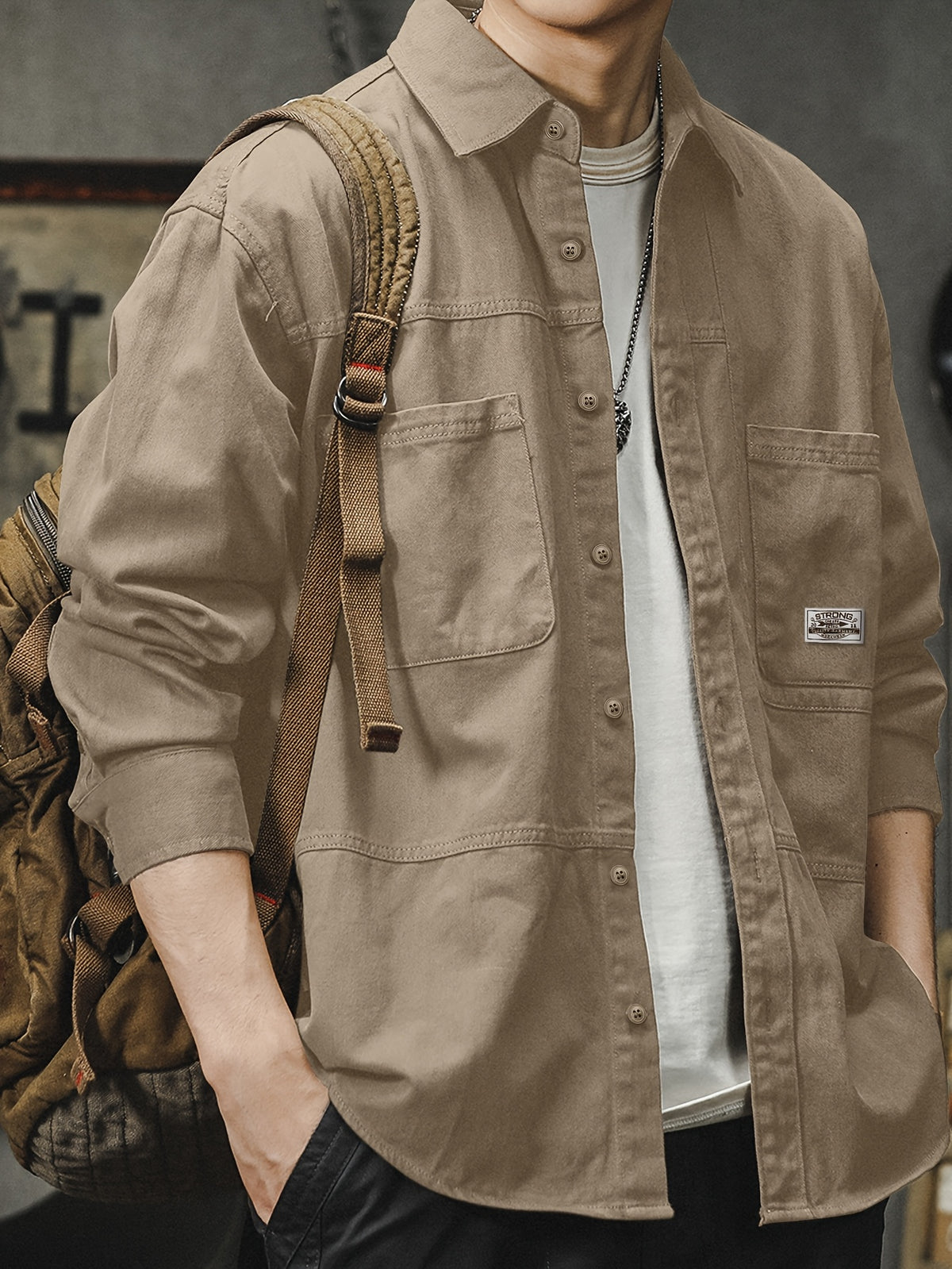 Men'S Cargo Shirt Spring Autumn Long Sleeve Top Vintage Workwear Style Multi-Pocket American Casual Top Outerwear, New Season - Khaki