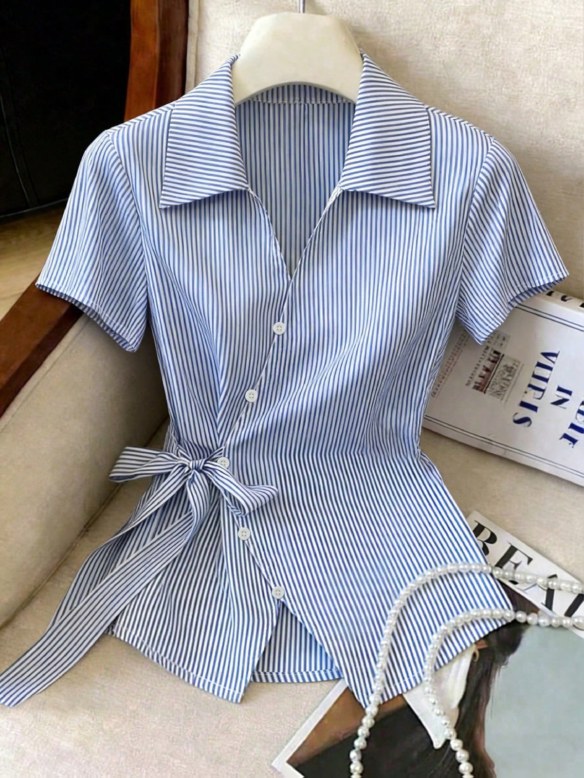 Women's New Elegant and Stylish Lapel Asymmetrical Tie Commuter Casual Versatile Blouse - Blue