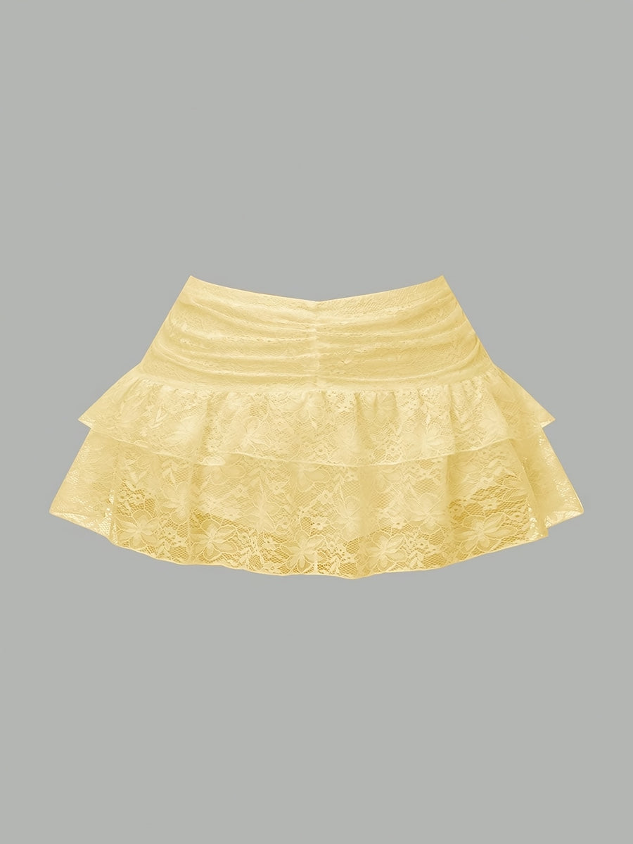 Women's Mini Skirt, Pure Desire Party Shopping Outing Low-Waist Lace Ruffle Hem Double-Layer Pleated Cute Cake Skirt, Y2K Women's Dress, Suitable for Holiday Parties, Dates, Beach, Nightclubs, and Daily Wear - Yellow