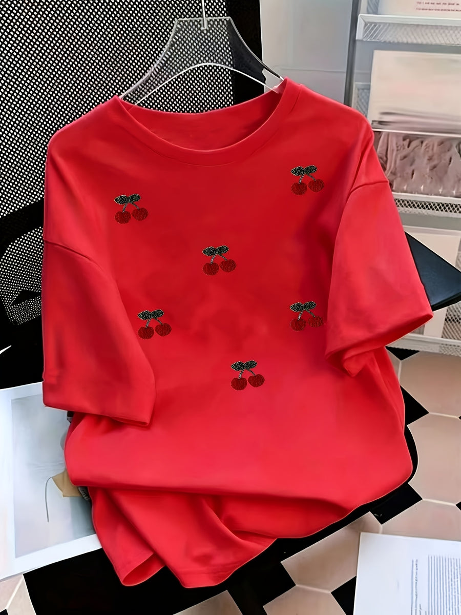 Women's Polyester Short Sleeve T-Shirt, Textured Red Cherry Printed Casual Top, Multiple Sizes Available, Comfortable Lightweight Summer Tee, Perfect for Daily Casual Wear & Outdoor Outings - Red