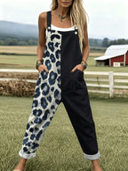 Retro-Style Sexy Overalls with Half Leopard Print And Half Black Patchwork Design, Women'S Wide-Leg Jumpsuit with Fold-Up Cuffs And Pockets, Perfect for Everyday Wear, Outings, And Workwear - Black & Gray Splicing