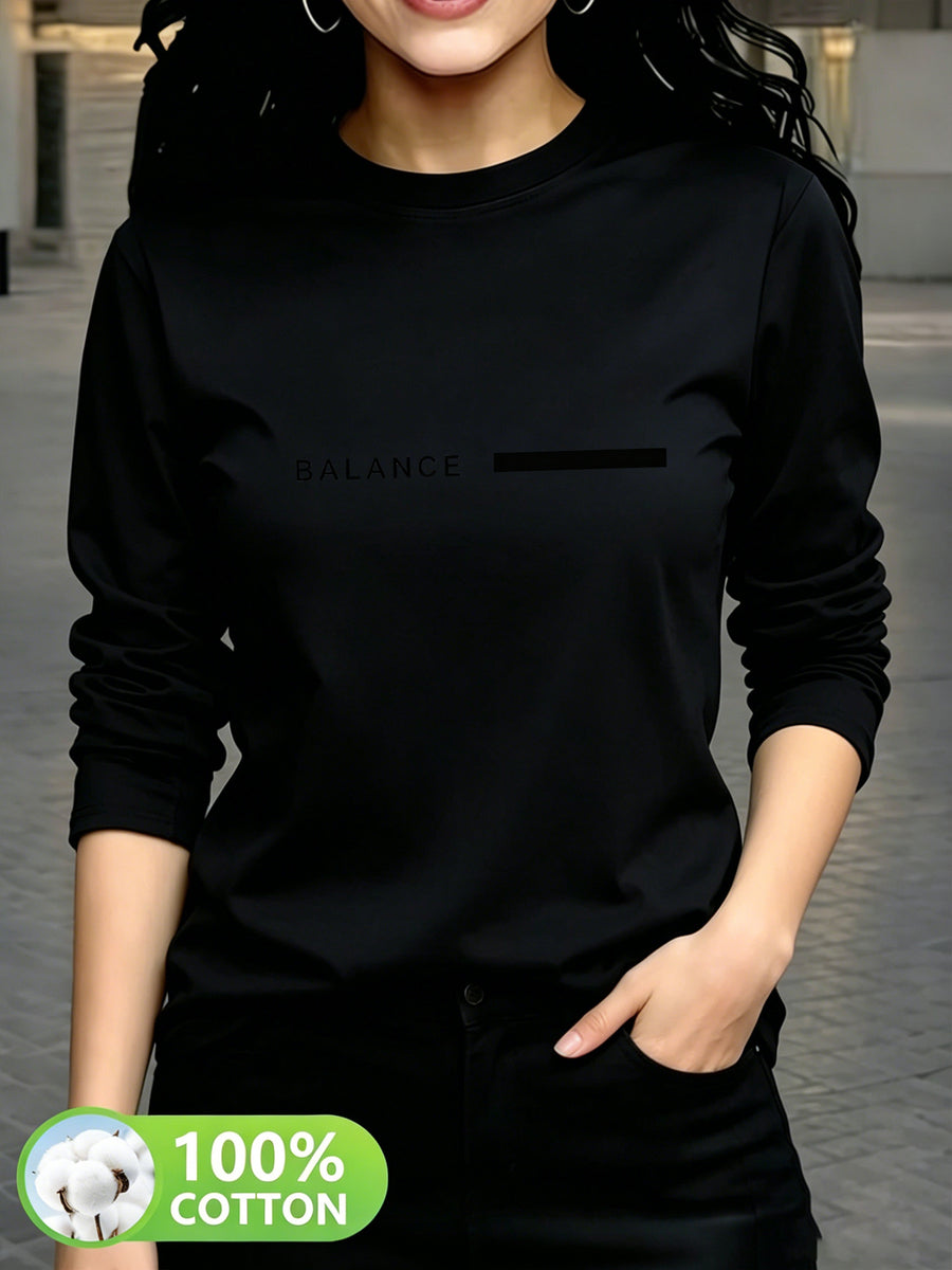 Women'S Fashion Casual Round Neck Long Sleeve T-Shirt, 100% with Lettered Stripe Pattern, Stylish Easy Comfortable Loose Fit - Black