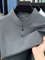 Men's Summer Short-Sleeve Stand Collar T-Shirt - Breathable Small Base Layer Shirt, Solid Color Business Casual Top Suitable for Daily Work Wear, Machine Washable & Dry Cleanable, Asymmetrical Hem - Grey