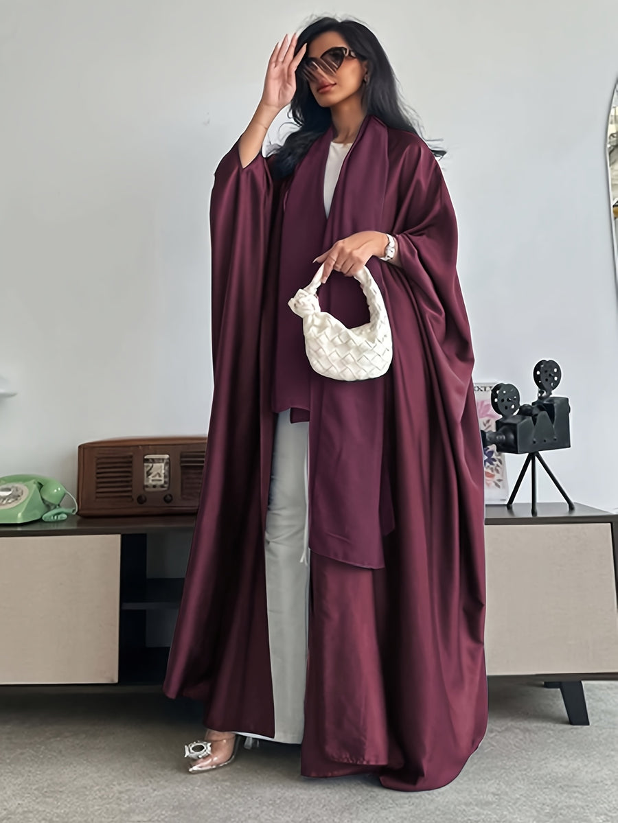 Middle Eastern Muslim Solid Color Loose Robe with Batwing Sleeves, Long Dubai Cardigan with Headscarf - Mahogany