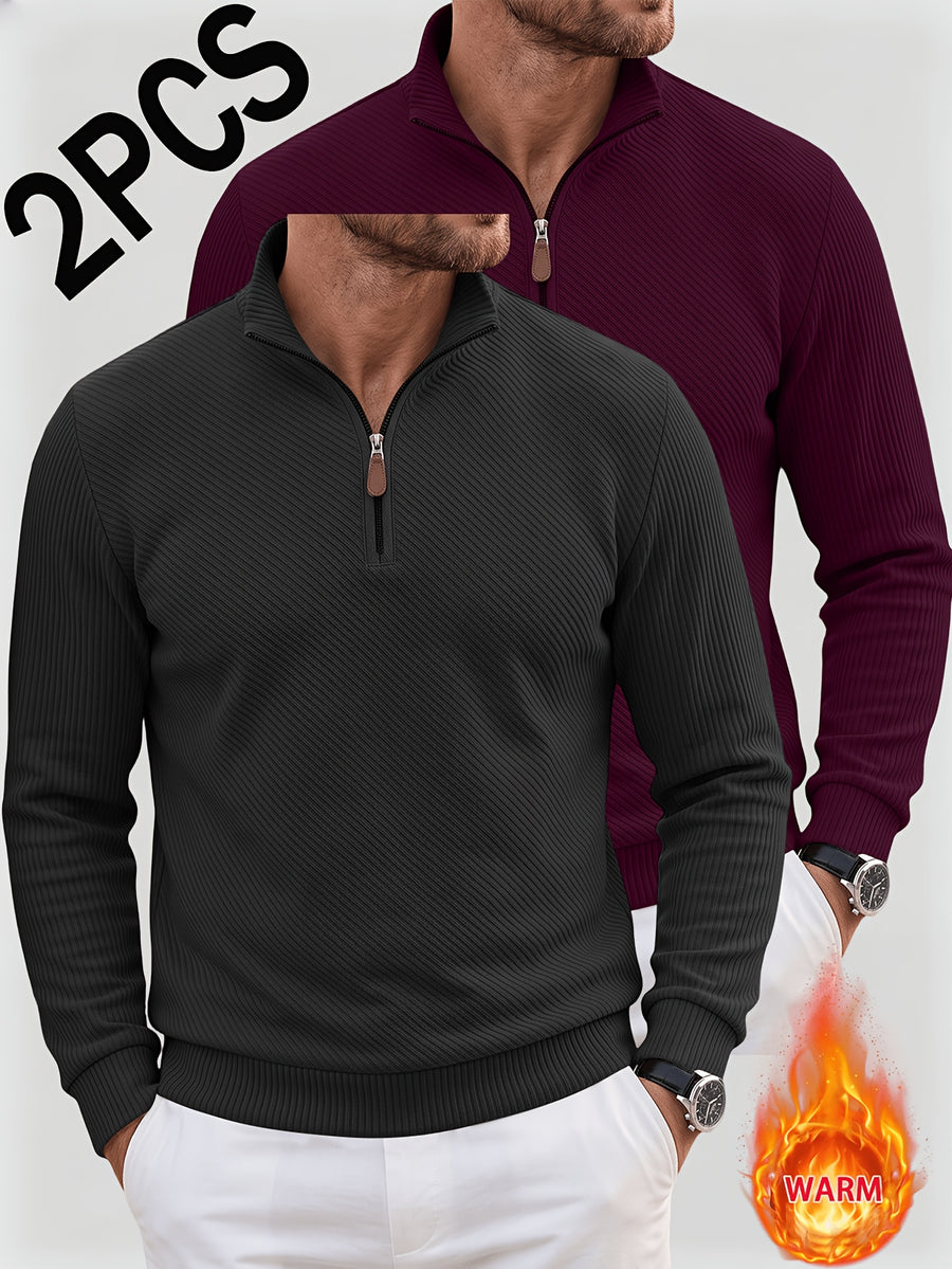 2pcs Men'S Autumn Winter New Corduroy Textured Half-Zip Stand Collar Knit Sweater Set, Light Luxury Long Sleeve Elastic Ribbed Base Layer Business Casual Inner Outerwear; Daily Commute, Home Entertaining, Camping Dating Scenarios - Black+Wine Red