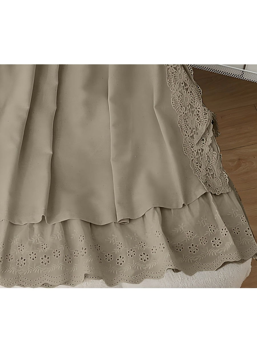Women's New Spring/Summer - Fabric Embroidered Hem Maxi Dress, Casual Versatile Elastic Waist Lace Patchwork Skirt - Khaki