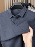 Men's 2-in-1 Look Long Sleeve Polo Shirt, Plaid Shirt Collar Spliced Top, Simple, Elegant, Delicate, and Skin-Friendly, Business Commute, Business Trip, Travel Top, Loose and Casual Men's Clothing for Home and Daily Wear, Available in Multiple Colors - Blue