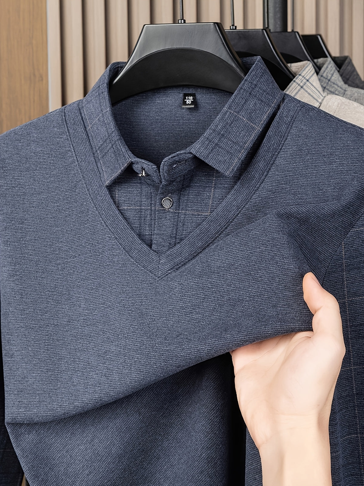 Men's 2-in-1 Look Long Sleeve Polo Shirt, Plaid Shirt Collar Spliced Top, Simple, Elegant, Delicate, and Skin-Friendly, Business Commute, Business Trip, Travel Top, Loose and Casual Men's Clothing for Home and Daily Wear, Available in Multiple Colors - Blue