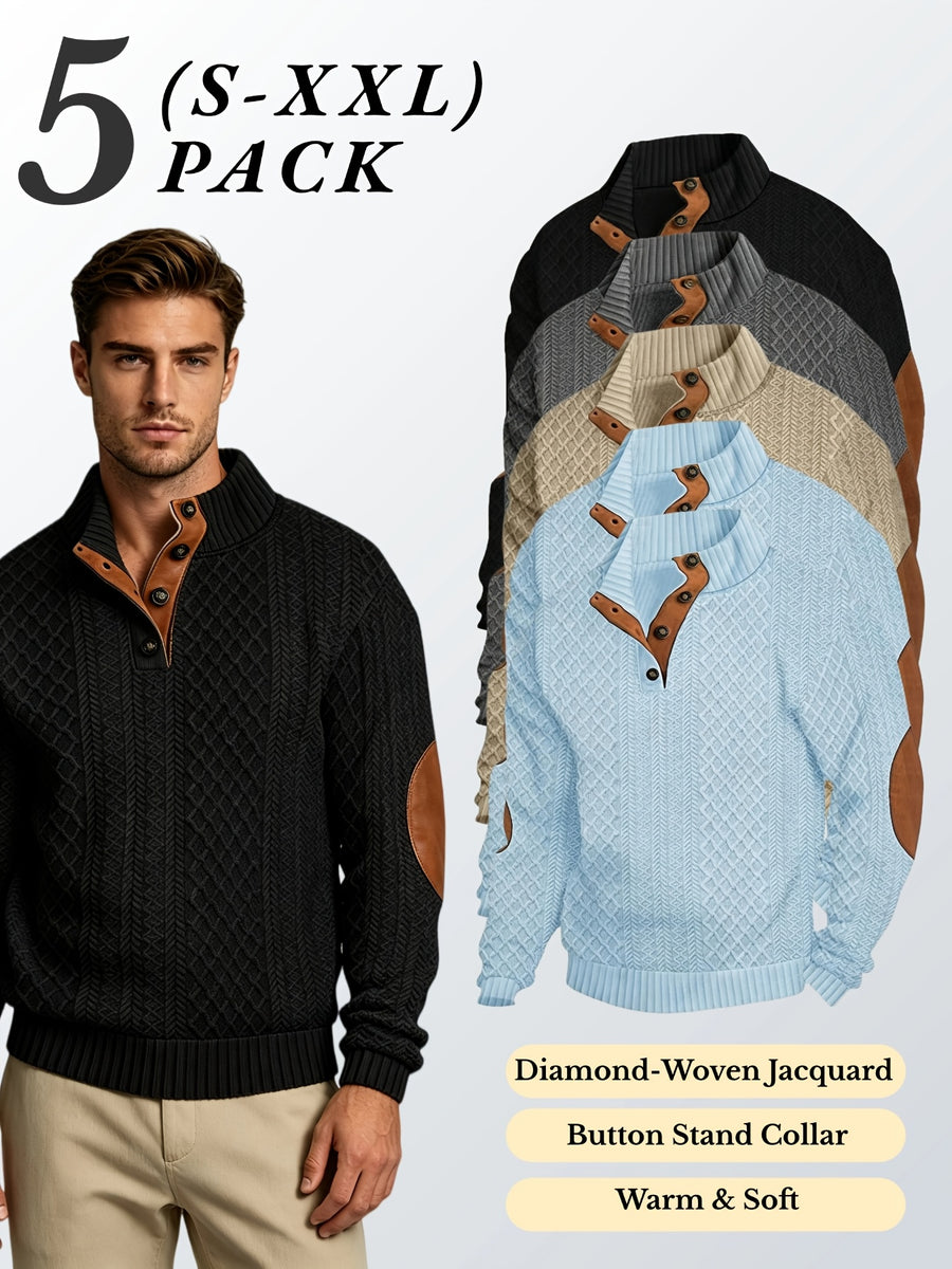 5pcs Set Men's Textured Jacquard Knit Vintage Casual Button-Up Stand Collar Long Sleeve Top, Versatile Basic Solid Color for Autumn/Winter Outings and Home Wear - Sky Blue 2 + Black + Dark Gray + Khaki