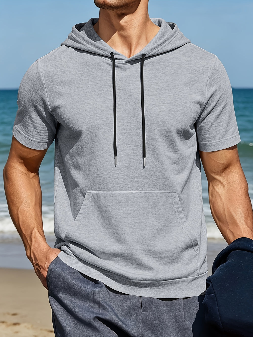 Men's Casual Short-sleeved Summer Hoodie Sweater Pure Color Outdoor Versatile Top Suitable for Sports And Commuting Fashionable And Comfortable Sweater - Grey