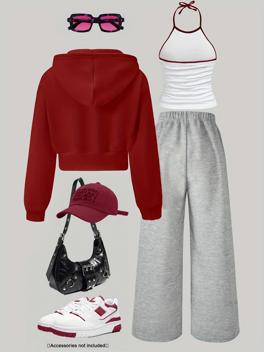 Women's 3pcs Set: Jacket, Number + Letter Print Vest, Wide-Leg Pants Set | Casual Loose Autumn/Winter Outfit | Complete Autumn/Winter Outfit | Color-Block Vest Hooded Jacket and Pants Set | Suitable for Daily Wear, Commuting, - Wine red/grey/white