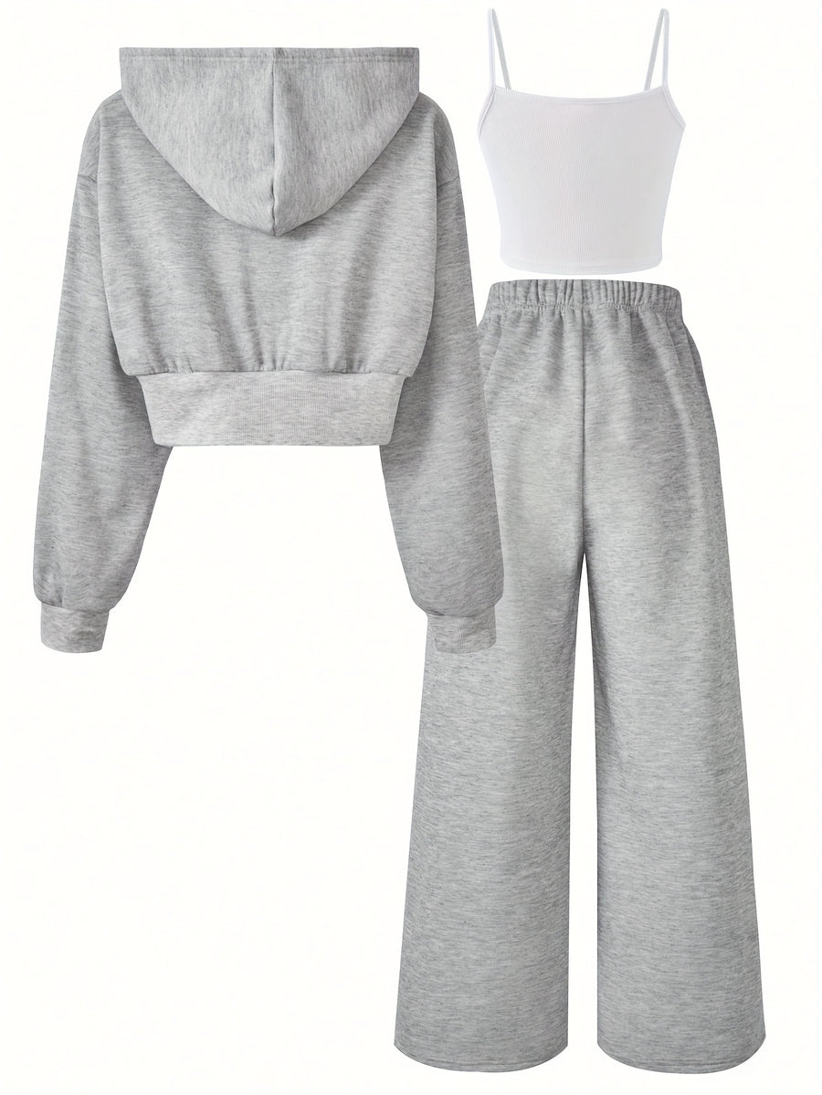 Directional Elegant Casual Hooded Jacket Women'S Pants 3pcs Set - Grey