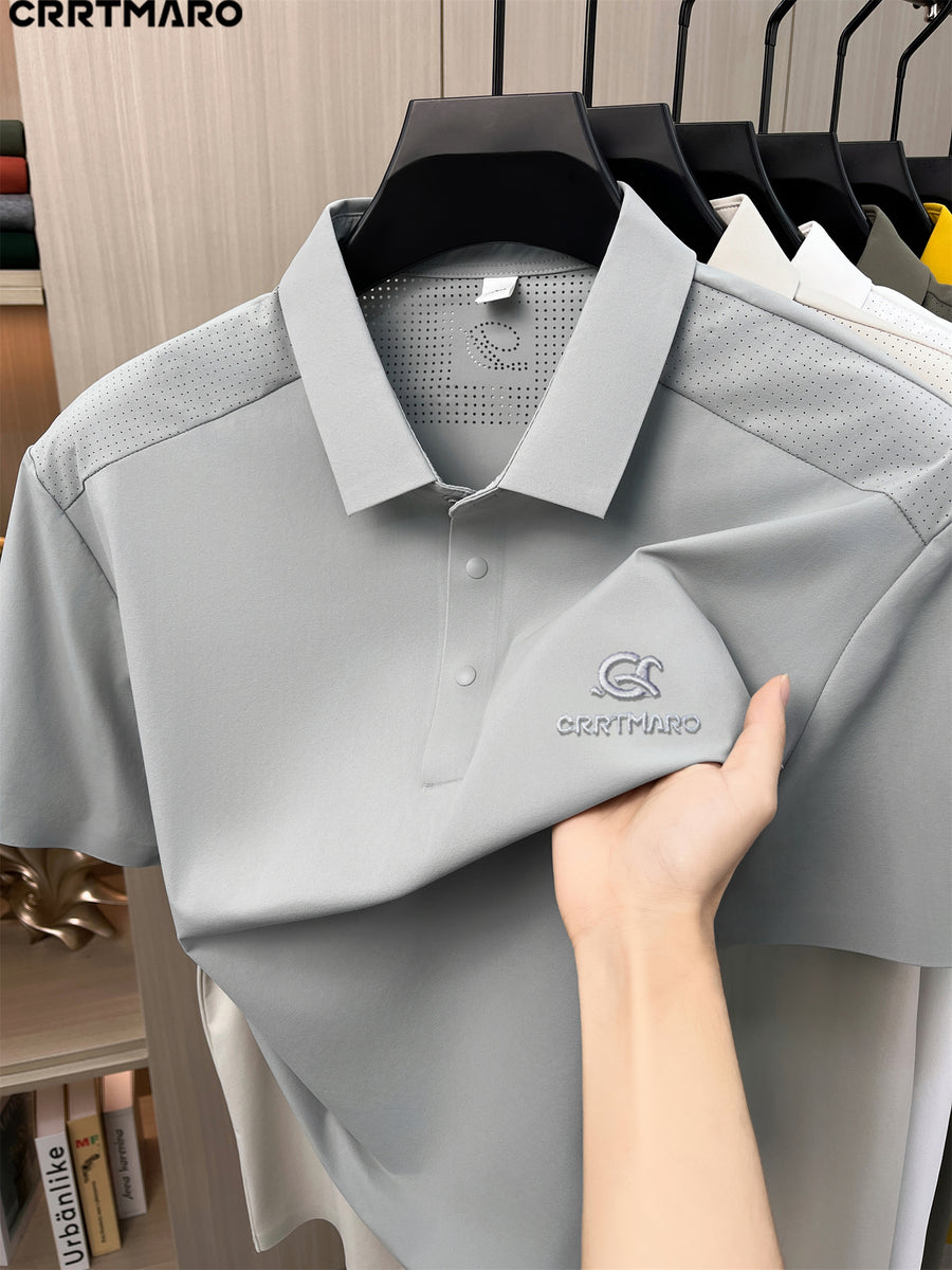 Katemar CRRTMARO Men's Short Sleeve Lapel Polo Shirt - Breathable Business Casual T-Shirt with Lapel Collar, Solid Color Suitable for Summer, Office & Semi-Formal Wear, Regular Fit Half-Sleeve (No Belt) - Light Grey
