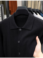 [Starry Prosperity] Autumn Winter Men'S Knit Solid Color Ribbed Open Cardigan Long Sleeve Casual Vertical Striped Lapel Sweater Jacket - Black