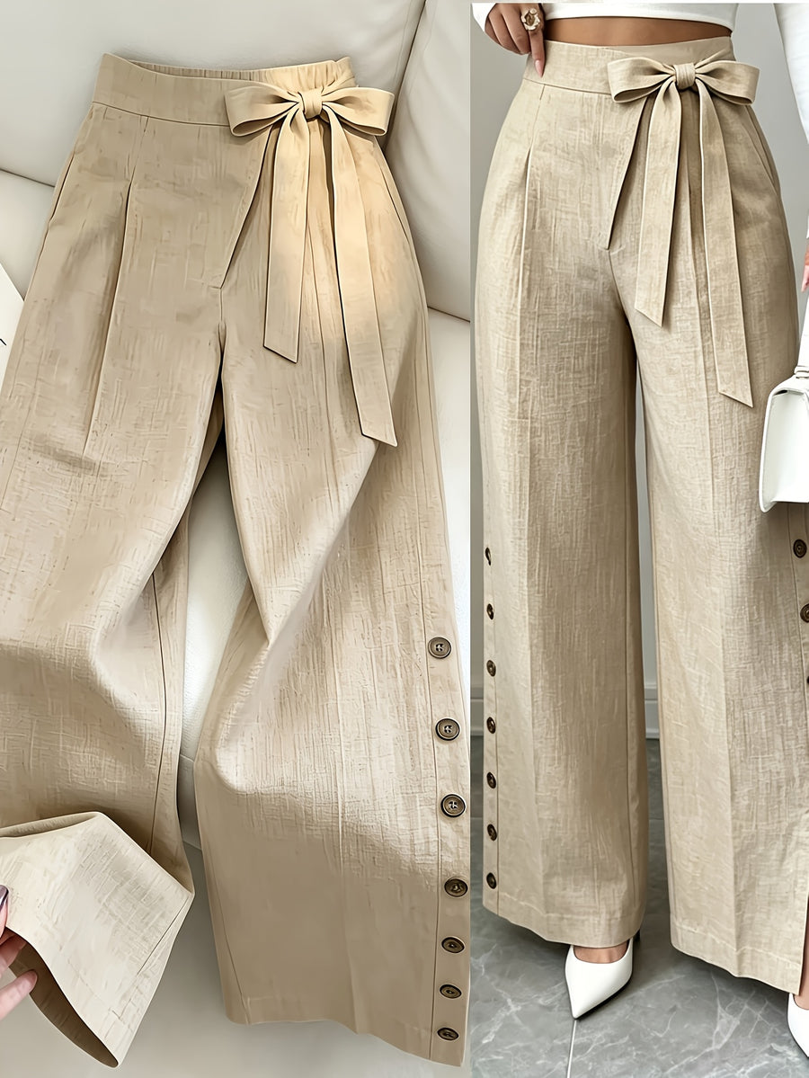 Solid Color Elegant Straight-Leg Wide-Leg Pants with Slit and Button Details. Textured Fabric with a Bow at the Waistband and Side Buttons. Creates a Commuting-appropriate Vibe, Suitable for All Light Casual Outfits in Spring, Summer - Khaki