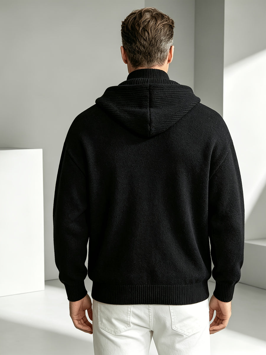 2026 New Fashionable Business Mature Casual Men'S Hooded Long Sleeve Knit Sweater, Slim Soft Warm Solid Color Knit Pullover Top, Fall Winter Suitable for Daily Office And Weekend Casual Outfits - Black