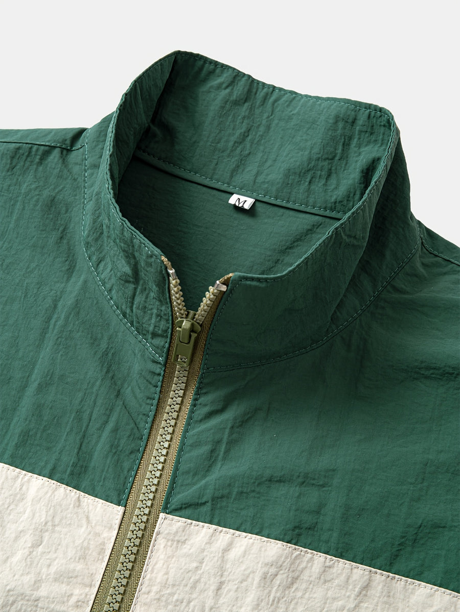 Men'S Color Block Contrast Panel Zip-Up Jacket - Outdoor Windbreaker with Stand Collar for Casual Travel And Hiking - Olive