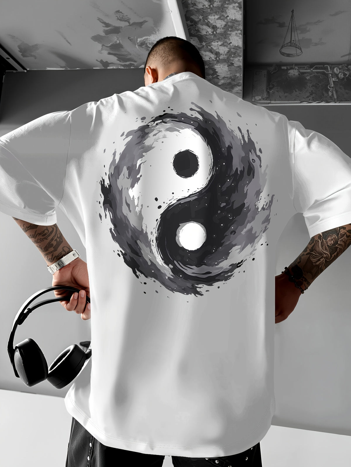 Men's Yin Yang Symbol T-Shirt - Yin-Yang Print Asymmetric Streetwear Summer Tee with Black & Grey Chinese Cultural Design, Loose Fit Casual Shirt for Casual Attire - White