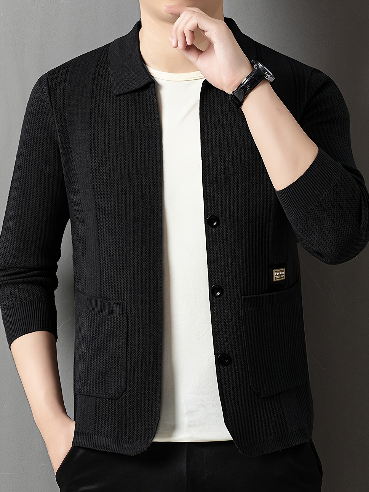Men'S Spring Autumn Lapel Knit Jacket Cardigan - Black