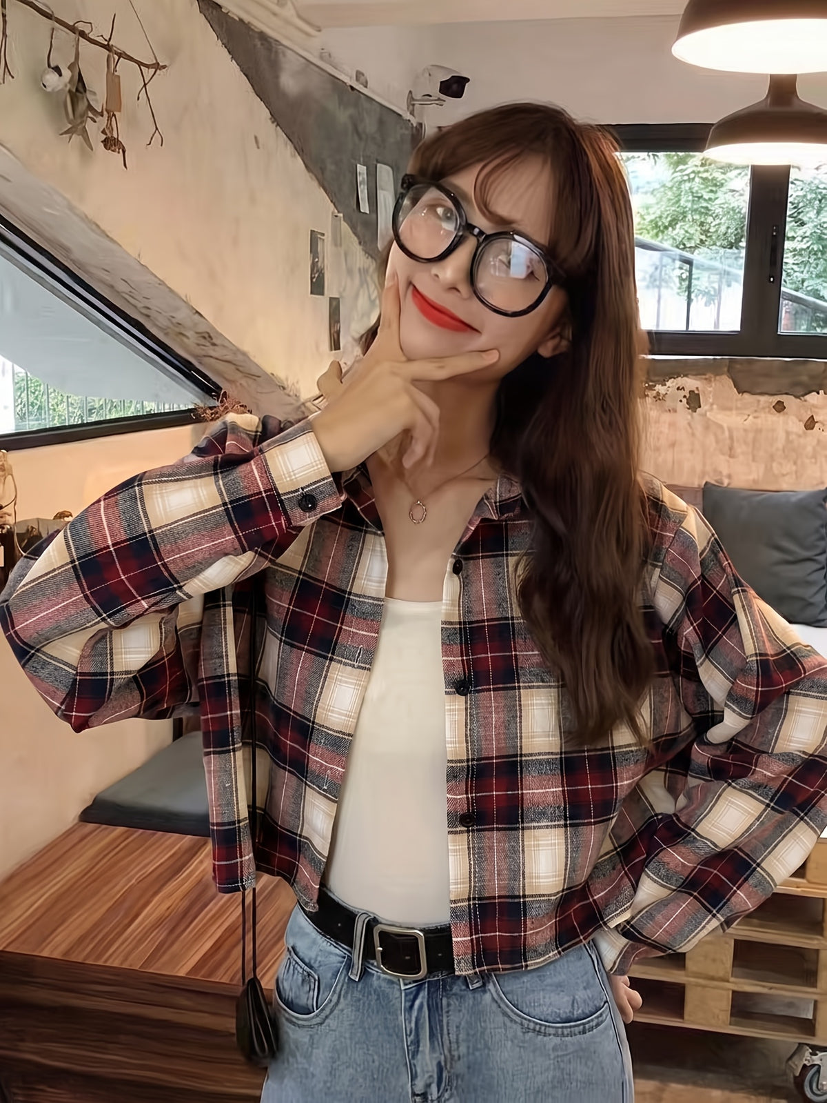 Short Sleeve Plaid Long Sleeve Casual Shirt for Women - Red- Grid
