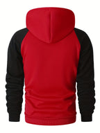 Men's Trendy Patchwork Print Hooded Sweatshirt, Casual Daily Wear Sporty Pullover, Autumn Essentials - Red+Black