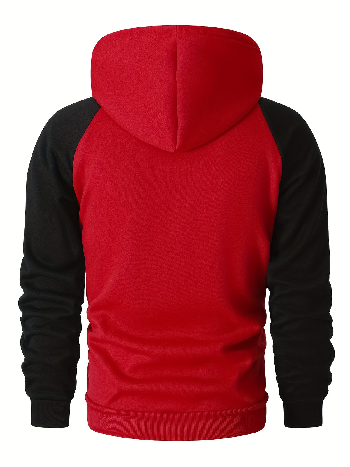 Men's Trendy Patchwork Print Hooded Sweatshirt, Casual Daily Wear Sporty Pullover, Autumn Essentials - Red+Black