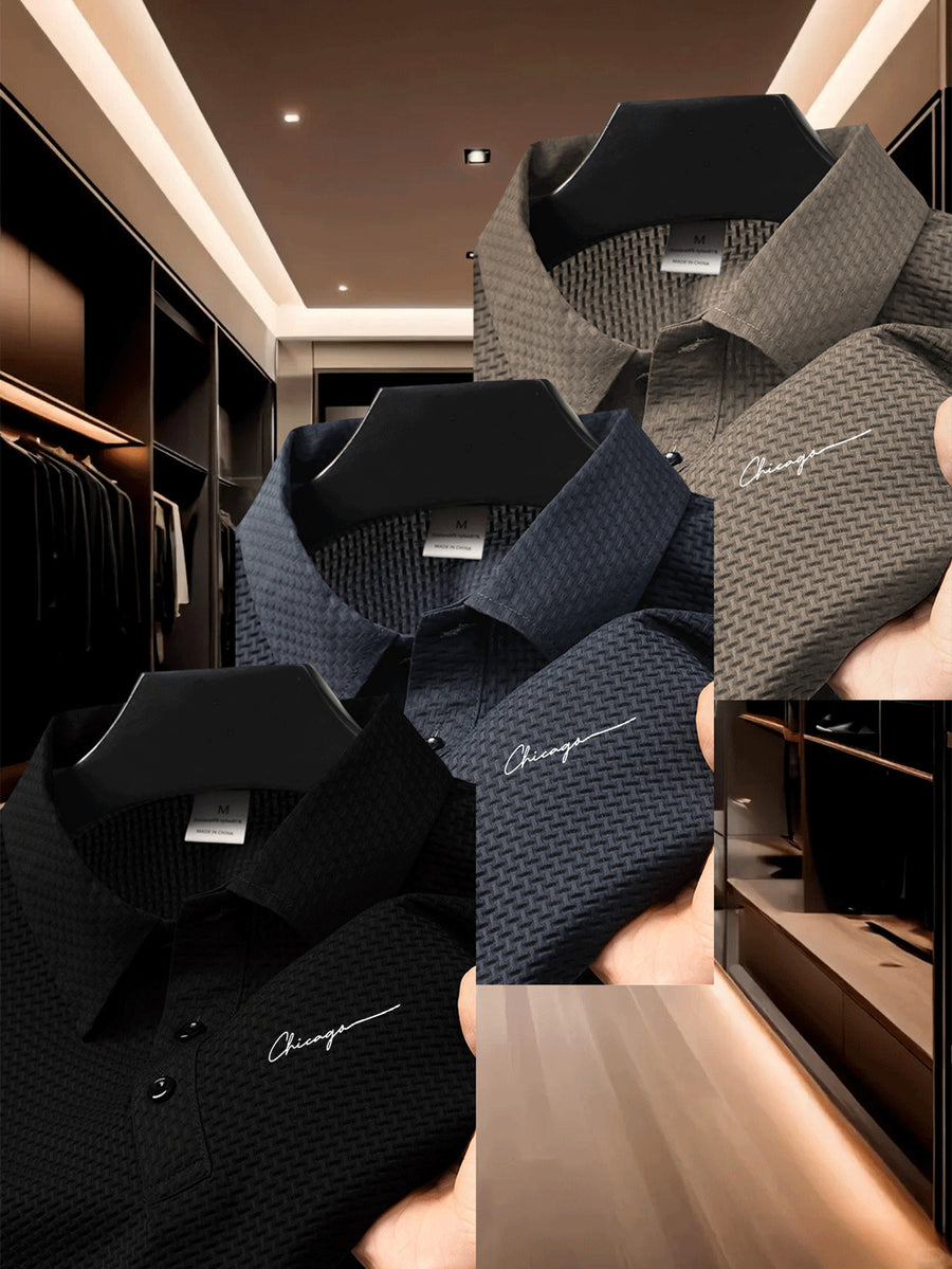 3pcs Men's Classic Polo Shirt Set, Casual and Comfortable Stretch Lapel Button- Short-sleeve Shirt, Suitable for Outdoor Sports and Leisure, Made of Breathable, Comfortable, and Elastic Fabric - Black + Navy + Khaki