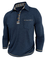Men'S Retro Trendy Fashion Lapel Long Sleeve Polo Shirt, Casual Stylish Pocket Top T-Shirt - Navy Color