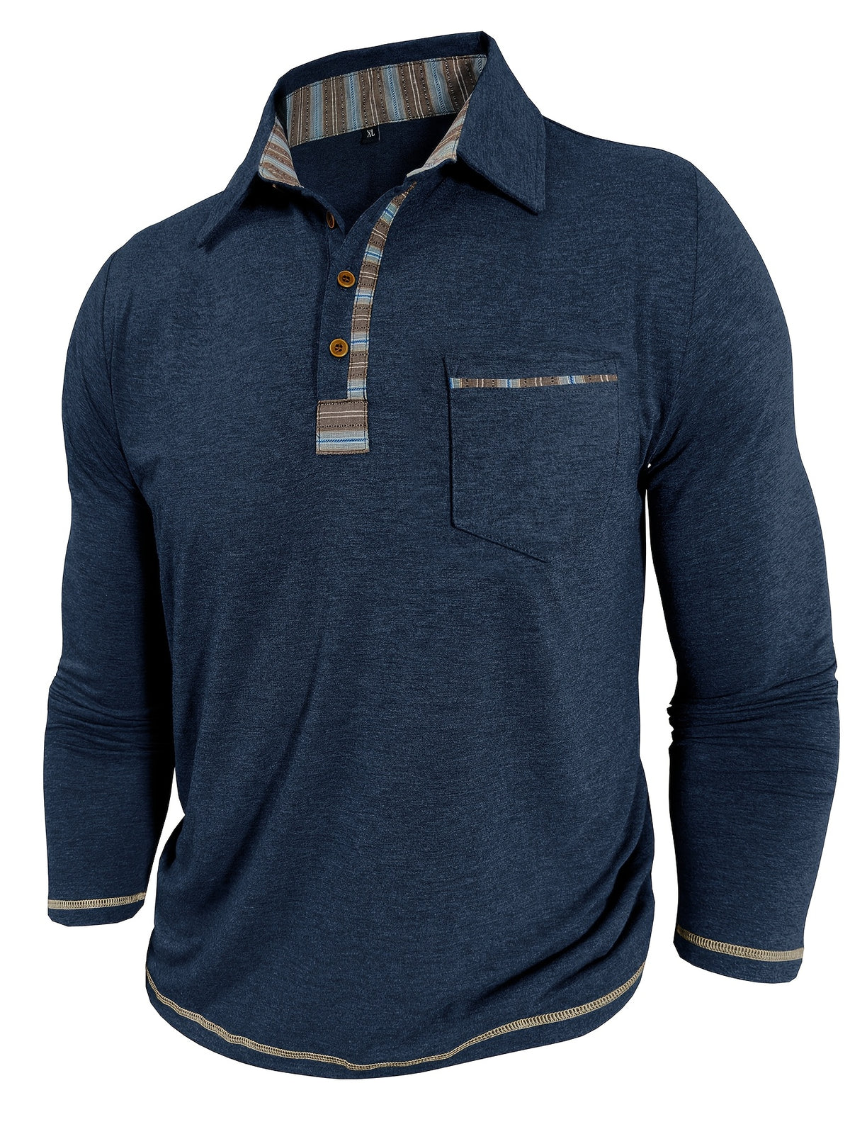 Men'S Retro Trendy Fashion Lapel Long Sleeve Polo Shirt, Casual Stylish Pocket Top T-Shirt - Navy Color