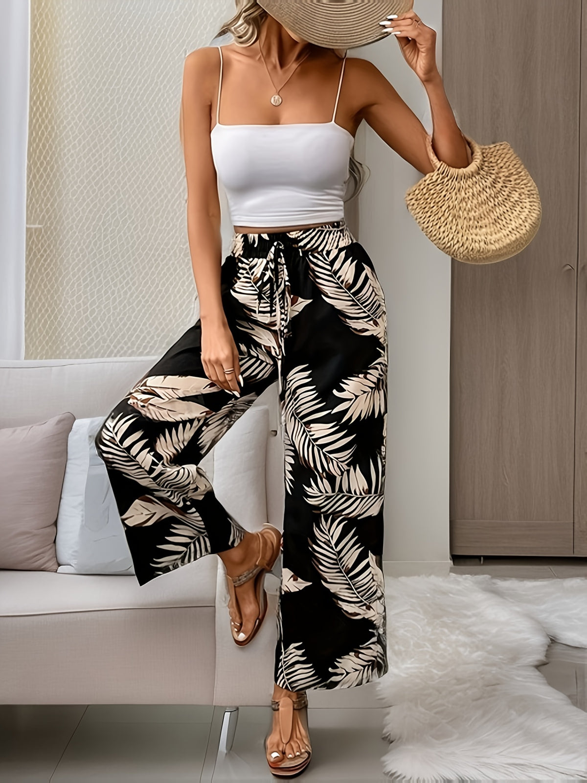 Casual Style Wide-Leg Pants, Women'S Tie Up Loose Fit Comfortable Pants - White Flower On Black Background