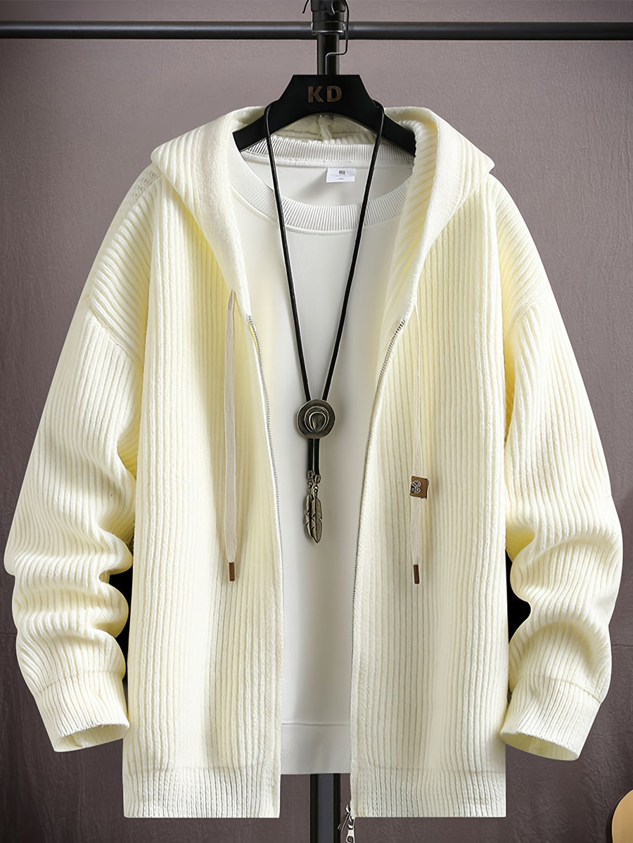 Autumn And Winter New Korean Lazy Style Zipper Hooded Cardigan Jacket Men'S Knitted Sweater for Casual Top - White