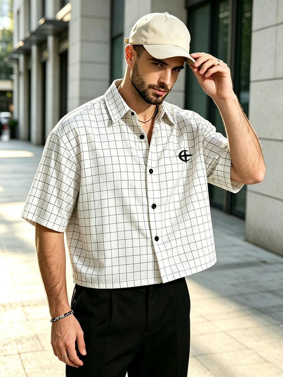 Men'S Summer Plaid Short-Sleeve Cropped Shirt, Easy Line Print Lapel Shirt, Casual All-Match Short Top - White
