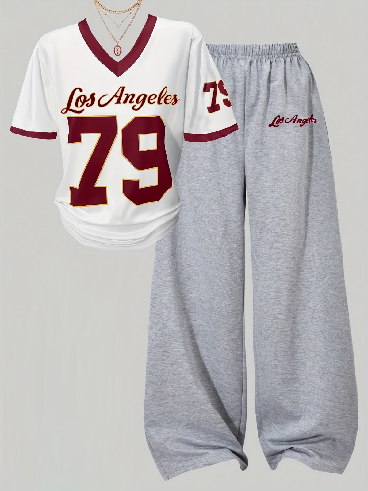 Plus Size Letter + Number 79 Print Short Sleeve Pants Set | Casual Sporty Loose V-Neck Short Sleeve Wide-Leg Pants Set | Summer Autumn Outing Fashion Spliced Collar Contrast Color Short Sleeve Pants Set - White Grey