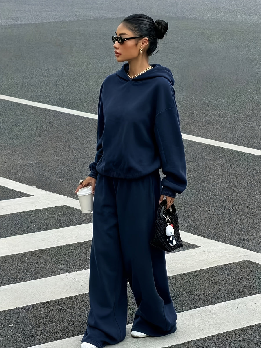 2026 Sporty Solid Color Hooded Sweatshirt Set for Women, Loose Drop-Shoulder Casual Wide-Leg Pants 2pcs Set - Navy Color