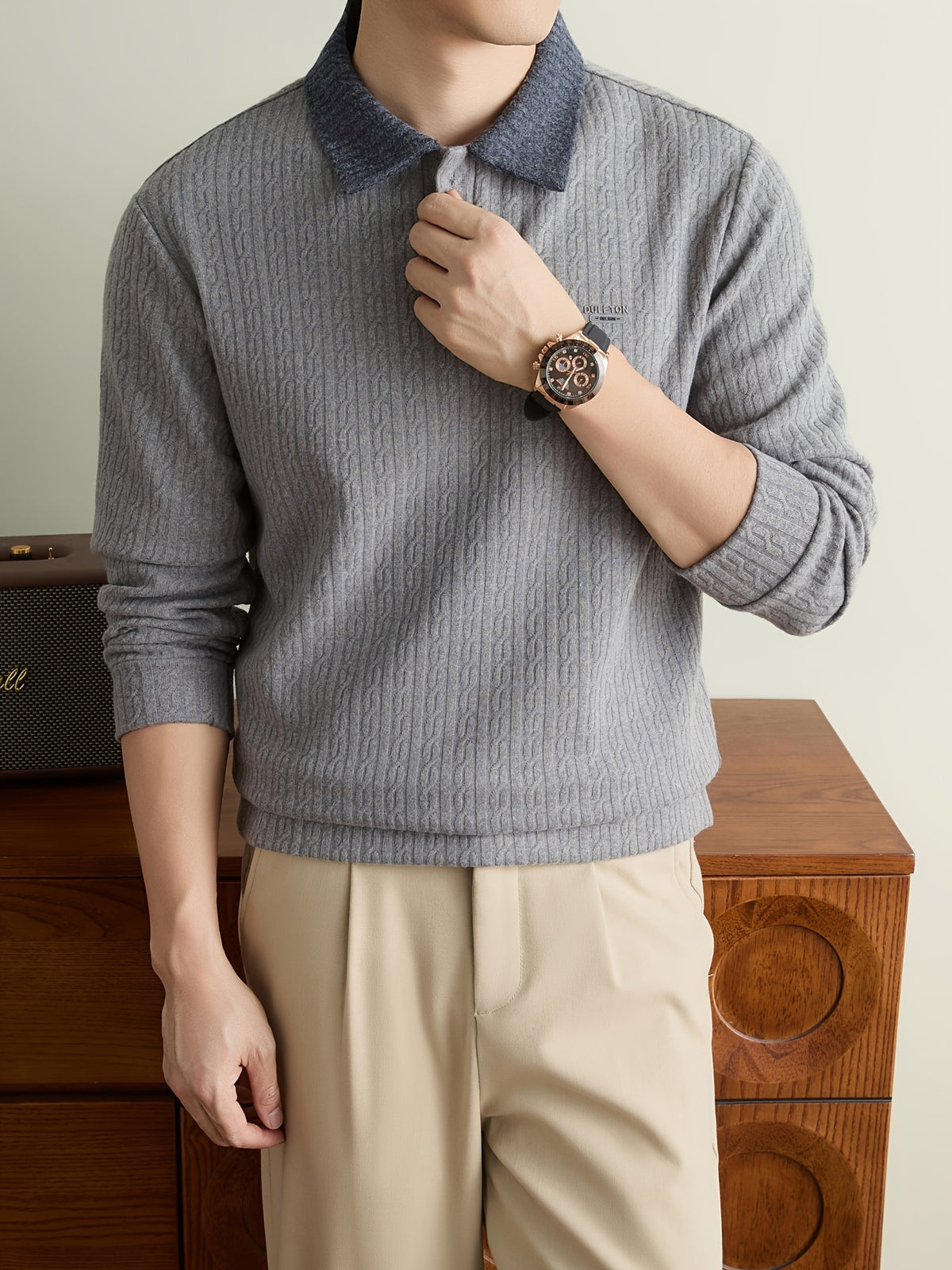 [Whale-Crossing Lan OBM] 1pc Autumn/Winter New Men'S Knit Pullover Sweater, Preppy Style Color-Block Lapel Half-Button Long Sleeve Knit Pullover, Men'S Business Casual Fashion Ribbed Sweater, Suitable for Spring, Autumn - Medium Gray