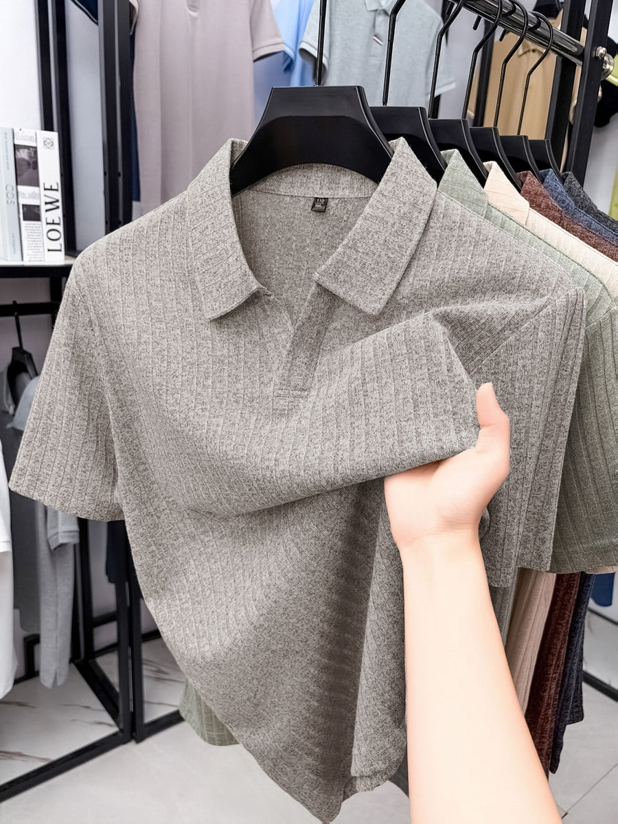 Old Money Aesthetic Vertical Ribbed Polo Sweater, Solid Color No-Button V-Neck Design, Commute Business/Casual Gathering Multi-Scene Short Sleeve Top, Light Athletic Non-Pick Body Men'S Top, Knit - Grey