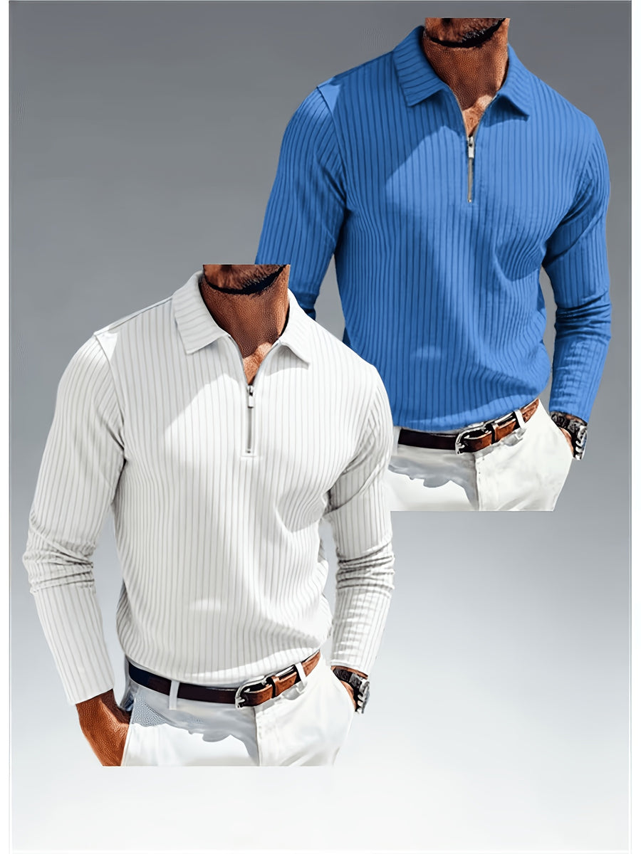 Spring/Autumn Men's Polo Shirt with Zipper and Striped Pattern, Long Sleeve, 2pcs - Light White+Blue