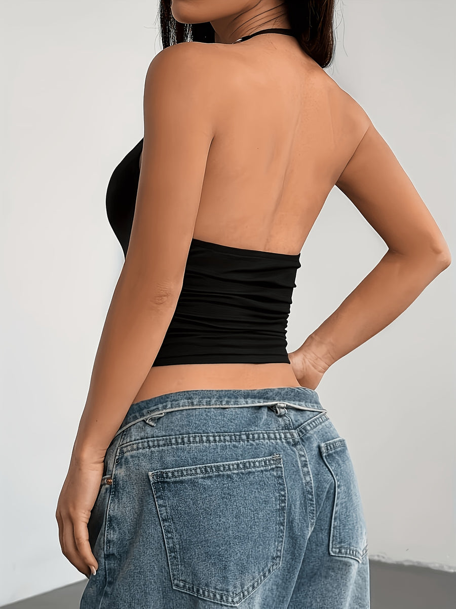 Women'S V-Neck Backless Camisole Metal Chain Halter Sexy Top - Black