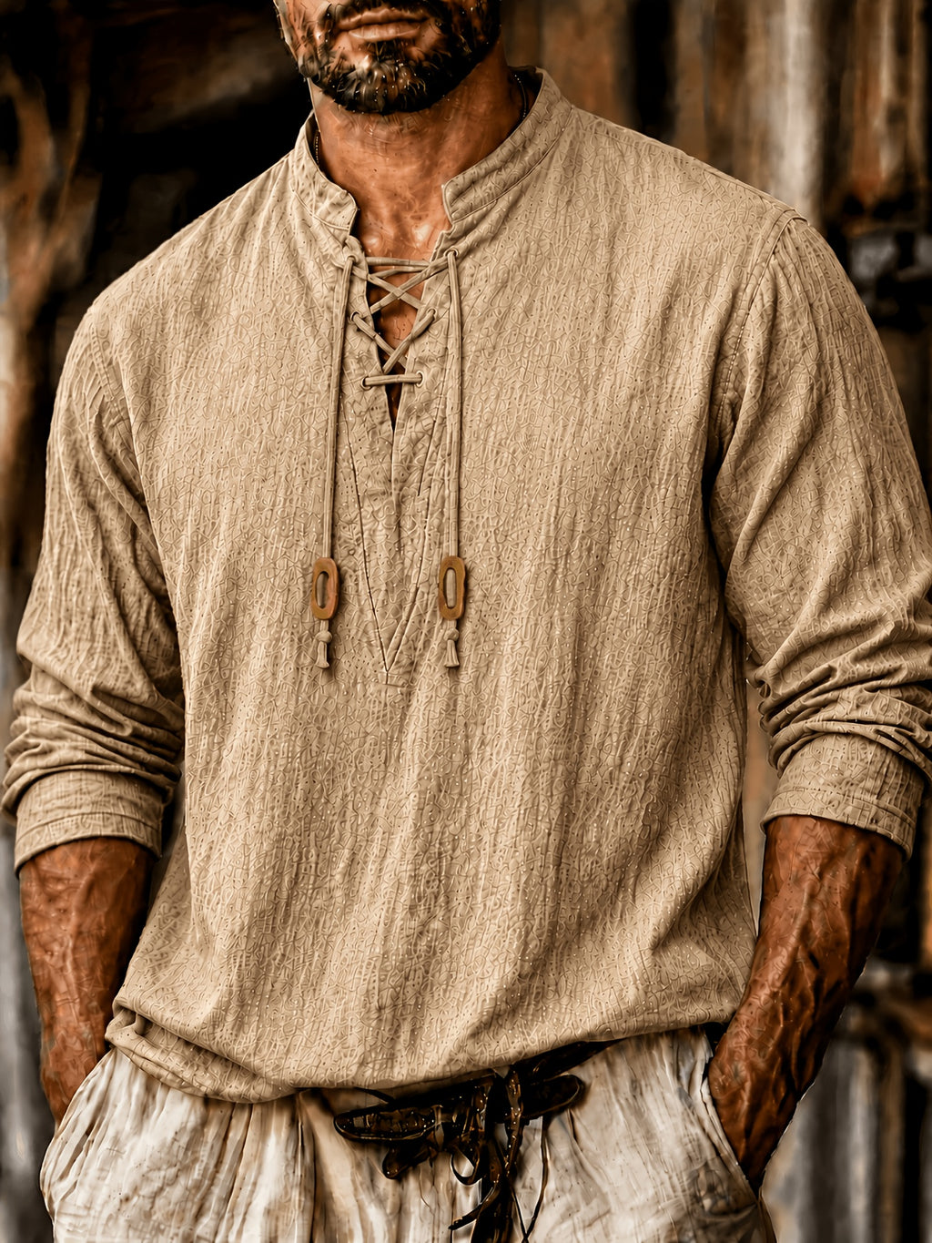 Men'S Vintage-Style Long-Sleeve Shirt with Tie Details - Medieval Style, Breathable And Machine Washable, Suitable for Spring And Summer Outdoor Activities. Men'S Vintage Tie-Front Shirt, Suitable for Renaissance, Viking, And Medieval Costumes - Khaki