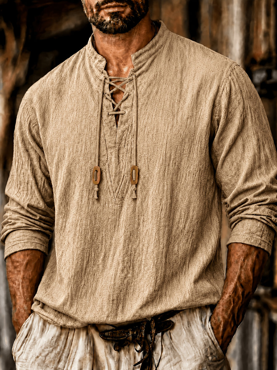 Men'S Vintage-Style Long-Sleeve Shirt with Tie Details - Medieval Style, Breathable And Machine Washable, Suitable for Spring And Summer Outdoor Activities. Men'S Vintage Tie-Front Shirt, Suitable for Renaissance, Viking, And Medieval Costumes - Khaki
