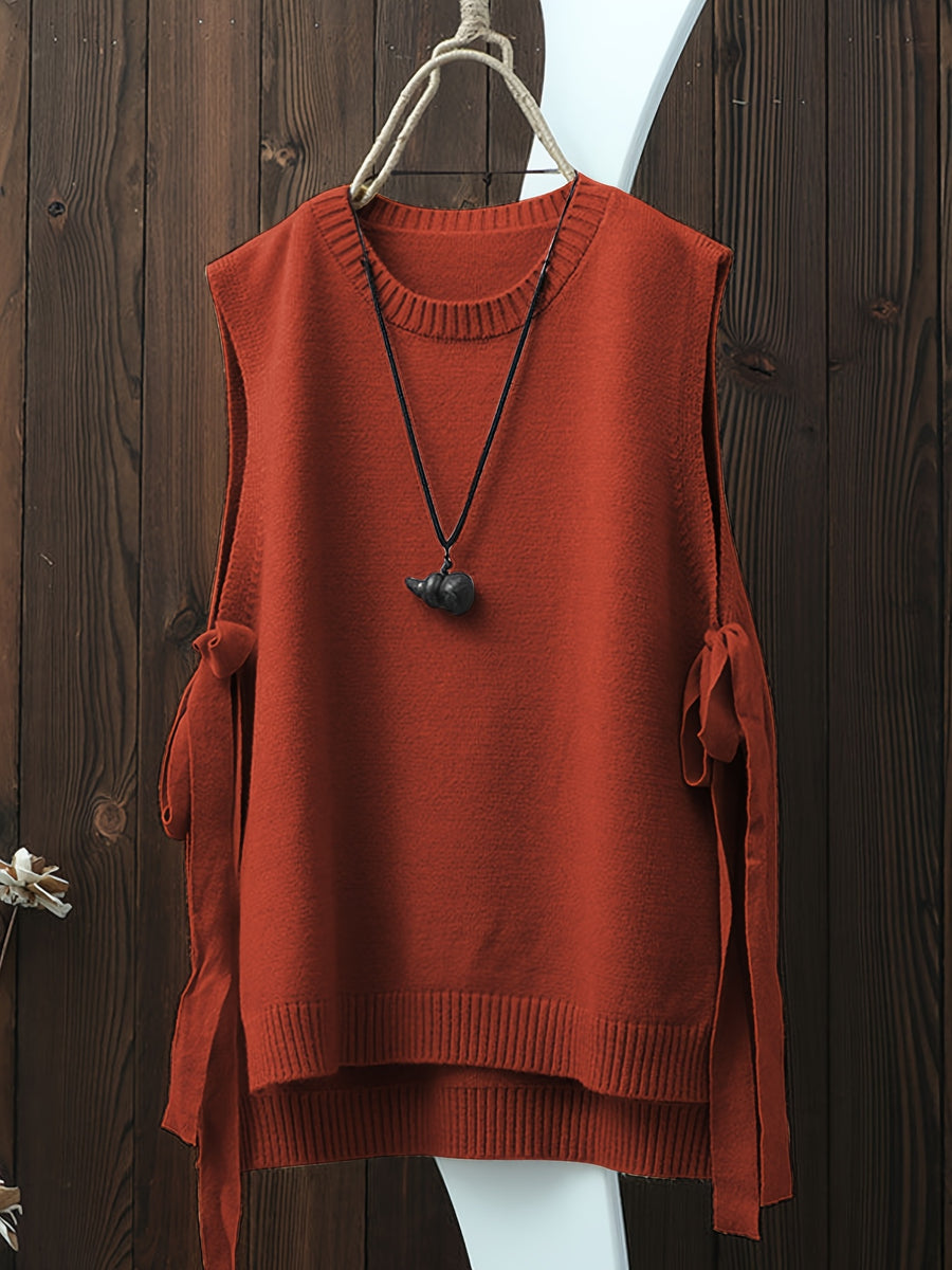 Women'S Spring Autumn Casual Fashion Niche Chic Vintage Easy Solid Round Neck Vest Sleeveless Side Slit Tie-Up Short Front Long Back Design Temperament Daily Versatile Quality Premium Gentle Elegant Loose Lazy Style Outerwear Sleeveless Camisole Top - Brick Red