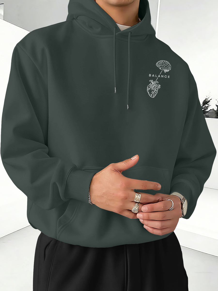 Minimalist Trendy Unisex Hoodie with Brain And Heart Balance Print - Gray Green